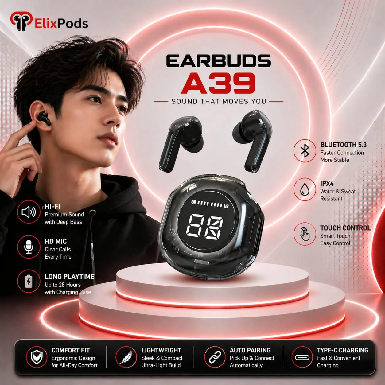 ElixPods A39 Wireless Earbuds with LED Display, Deep Bass Sound, Bluetooth 5.3 and Long Battery Life My Store