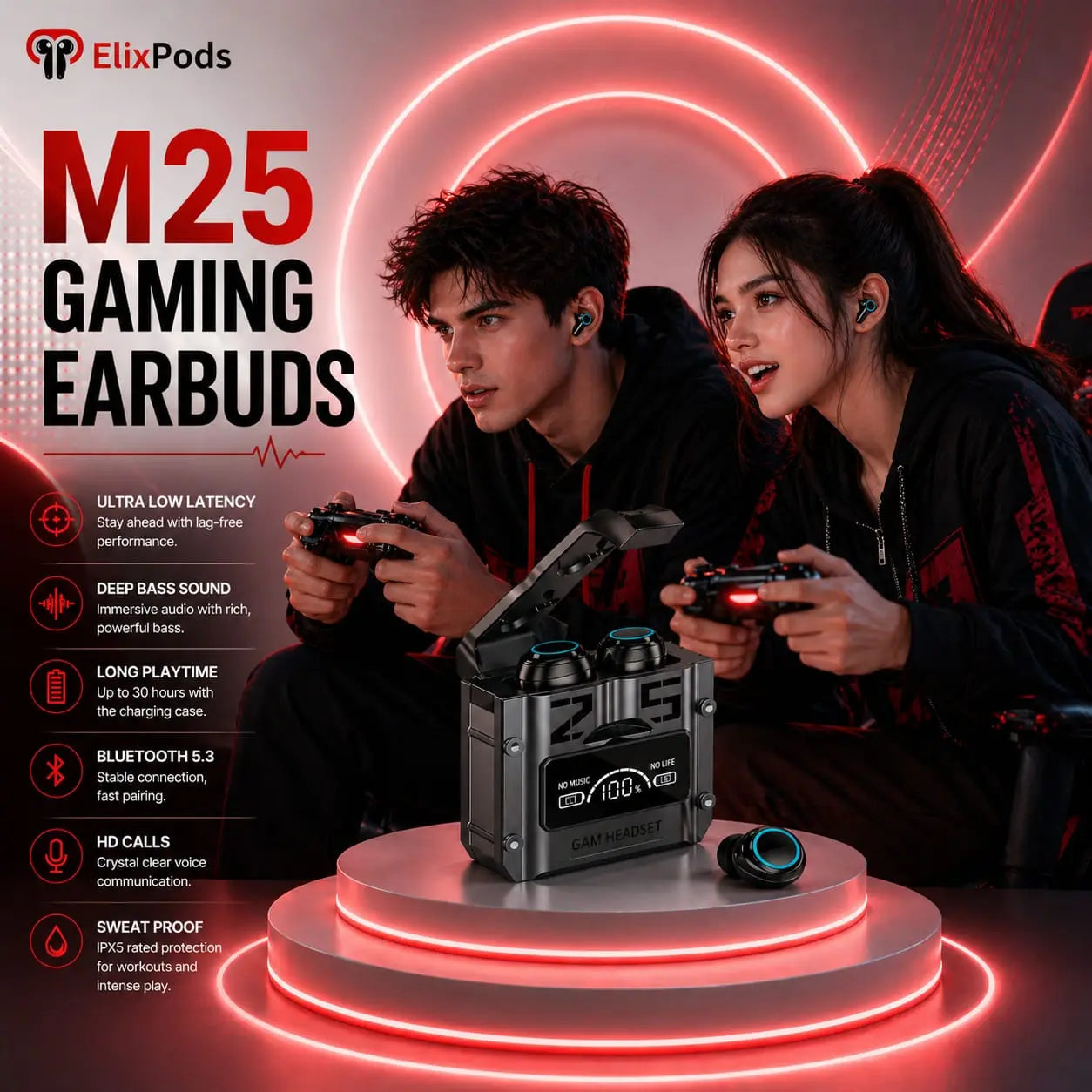 ElixPods M25 Gaming Wireless Earbuds with Ultra Low Latency, LED Power Display and Deep Bass Sound My Store