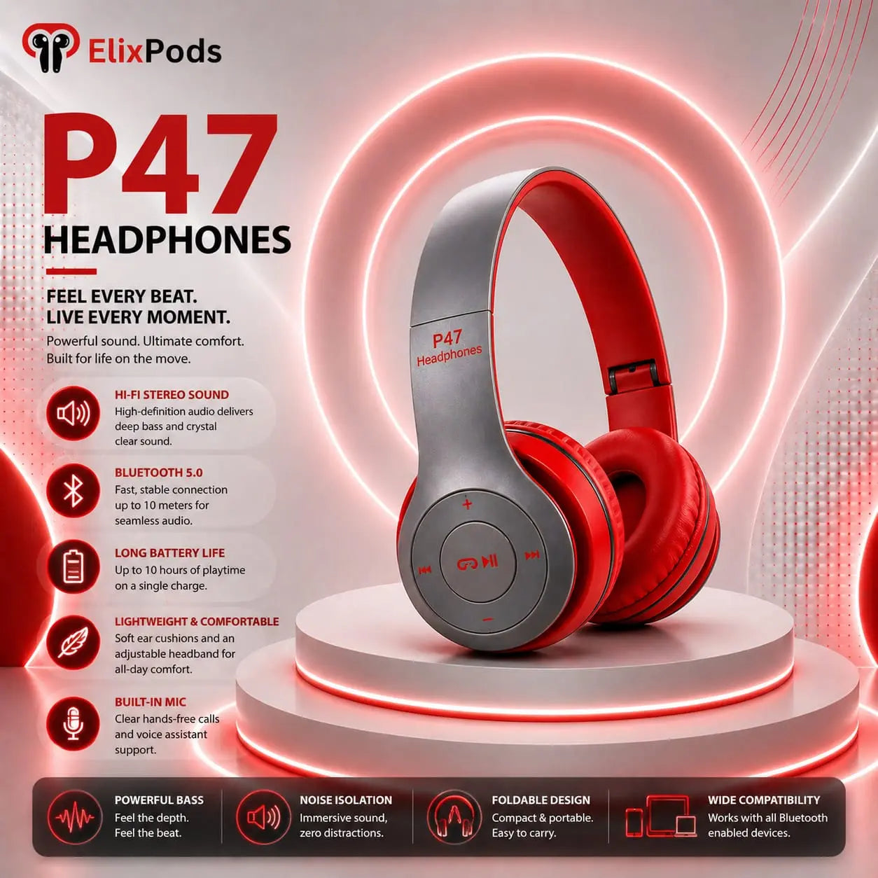 ElixPods P47 Wireless Bluetooth Headphones with Deep Bass Sound, Foldable Design and All-Day Comfort My Store