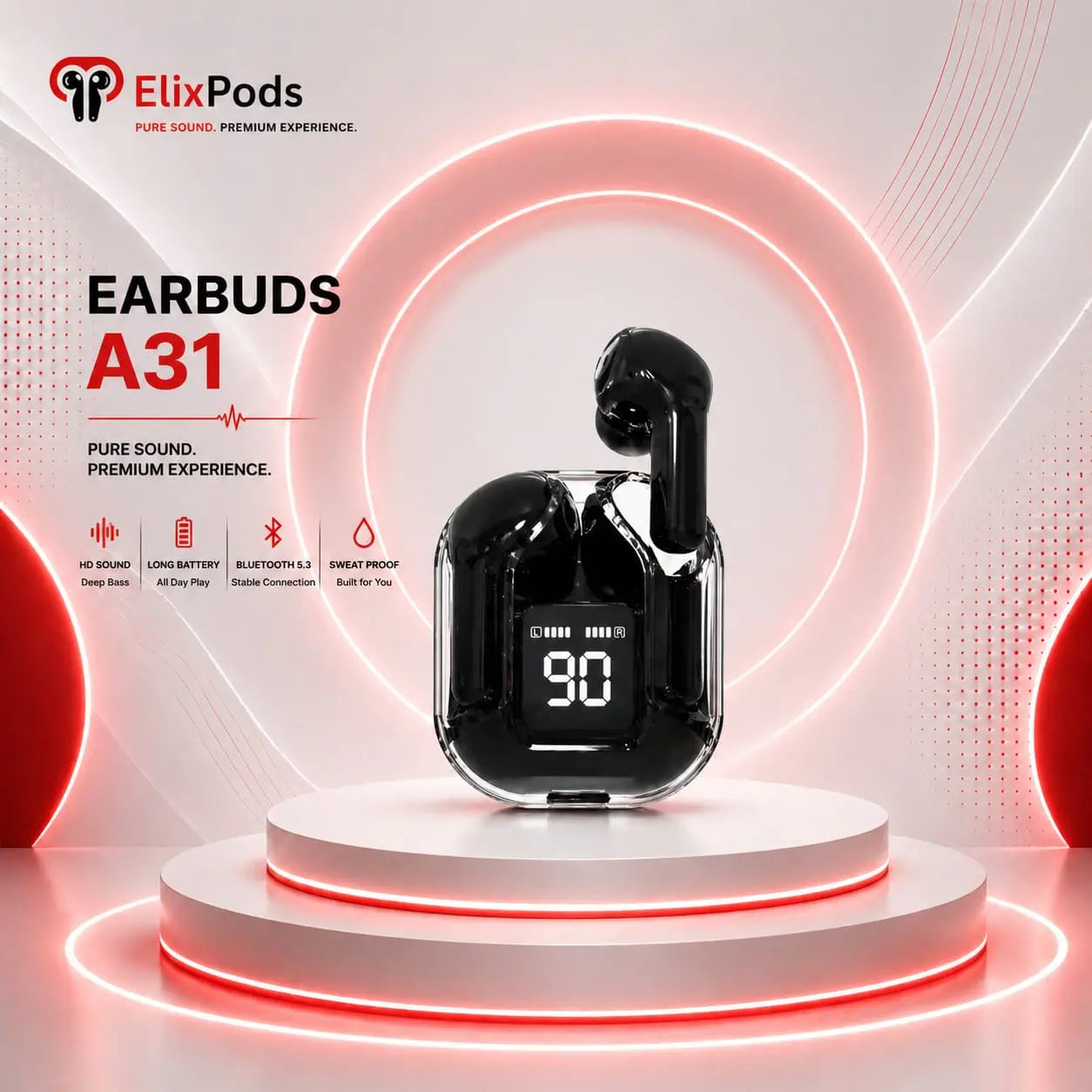 ElixPods A31 Wireless Earbuds with Digital Display, Deep Bass Sound, Long Battery Life and Bluetooth 5.3 My Store