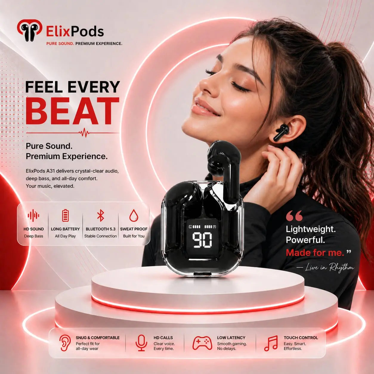 ElixPods A31 Wireless Earbuds with Digital Display, Deep Bass Sound, Long Battery Life and Bluetooth 5.3 My Store