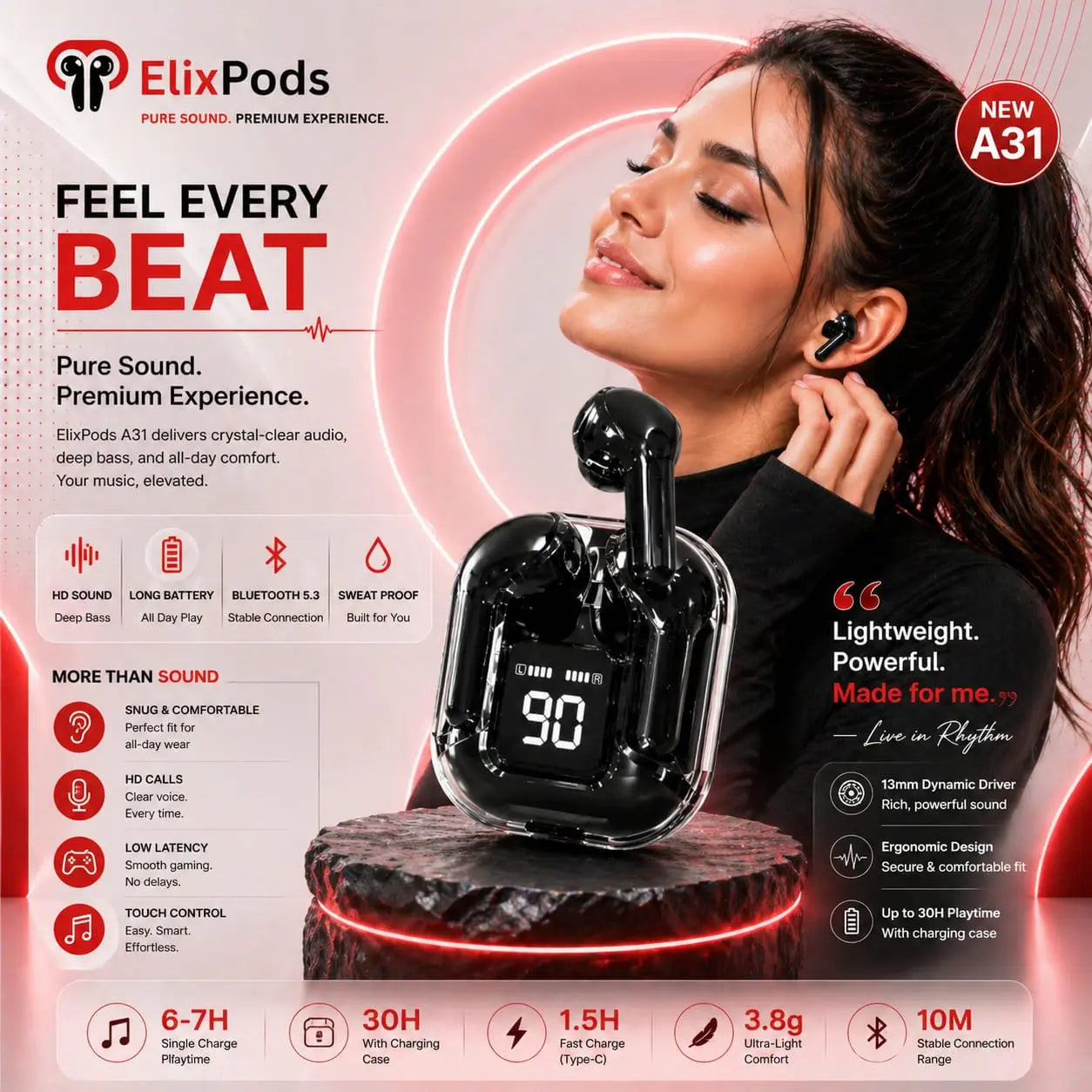 ElixPods A31 Wireless Earbuds with Digital Display, Deep Bass Sound, Long Battery Life and Bluetooth 5.3 My Store