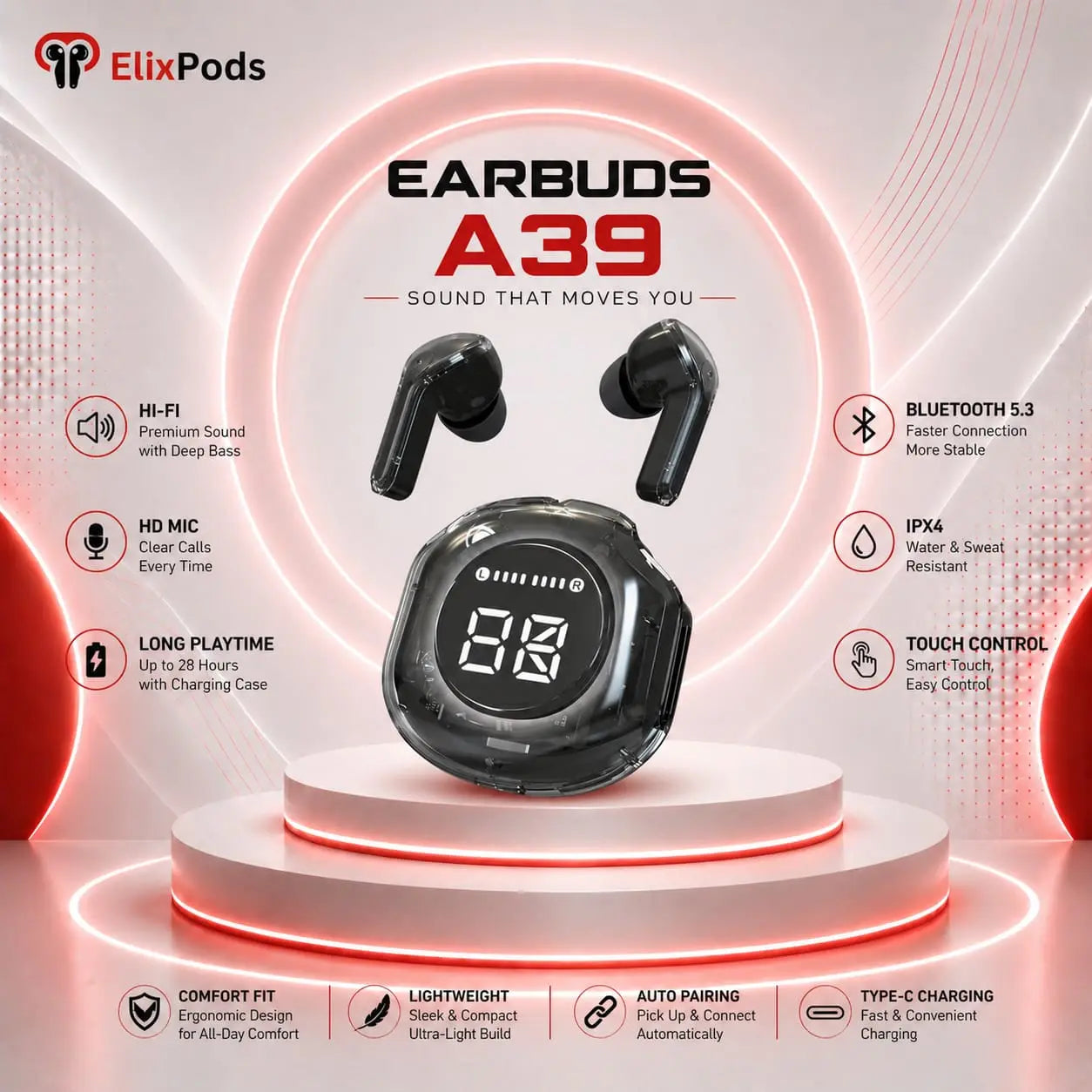 ElixPods A39 Wireless Earbuds with LED Display, Deep Bass Sound, Bluetooth 5.3 and Long Battery Life My Store