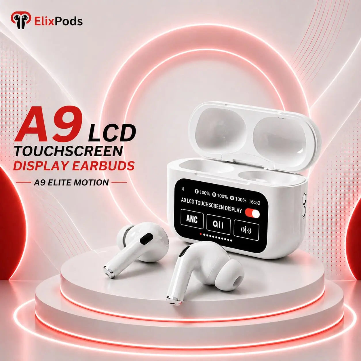 ElixPods A9 LCD Touchscreen Earbuds with ANC, Bluetooth 5.3, HD Sound and Smart Display Charging C My Store
