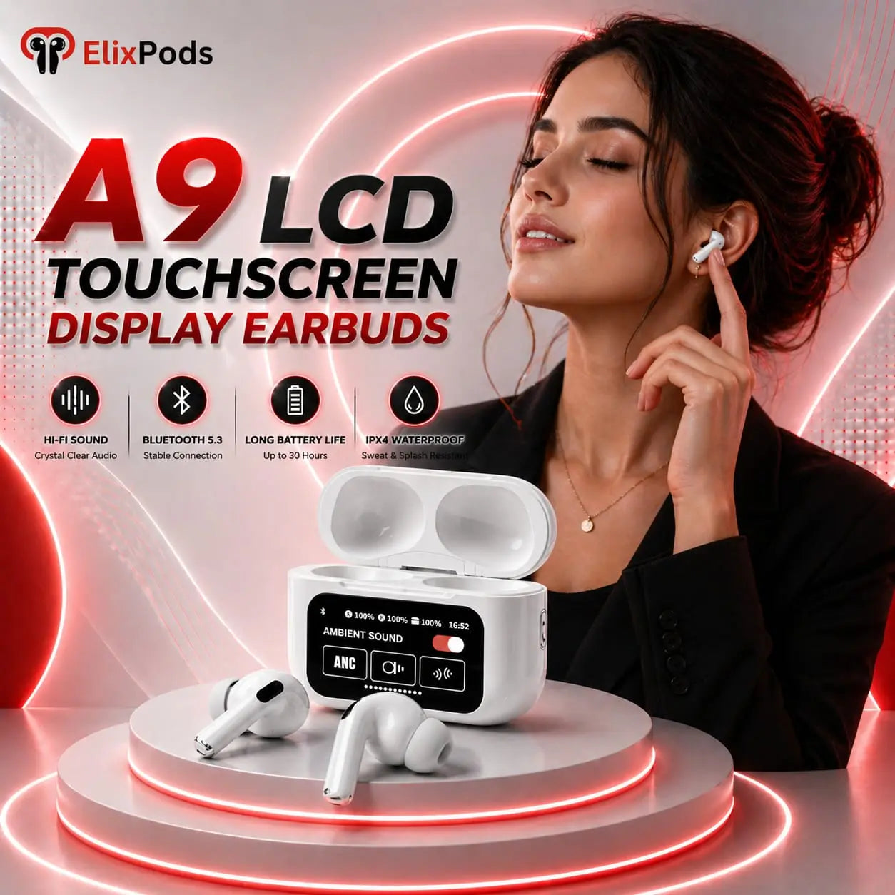 ElixPods A9 LCD Touchscreen Earbuds with ANC, Bluetooth 5.3, HD Sound and Smart Display Charging C My Store