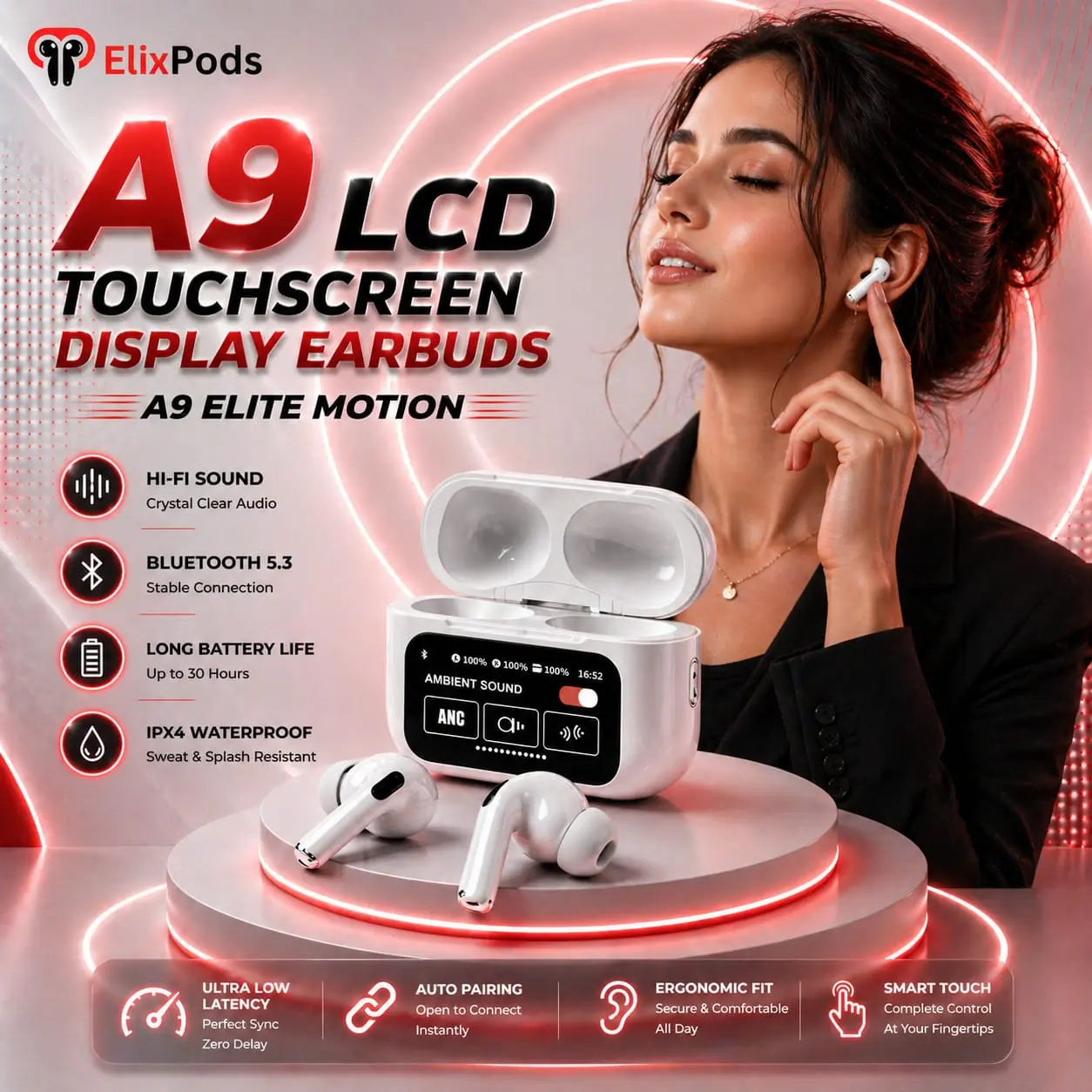 ElixPods A9 LCD Touchscreen Earbuds with ANC, Bluetooth 5.3, HD Sound and Smart Display Charging C My Store