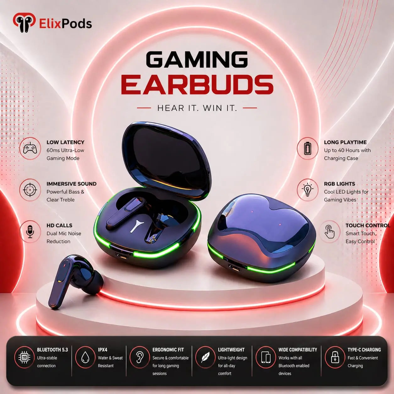 ElixPods G1 Gaming Wireless Earbuds with Ultra Low Latency, RGB Charging Case and Deep Bass Sound My Store