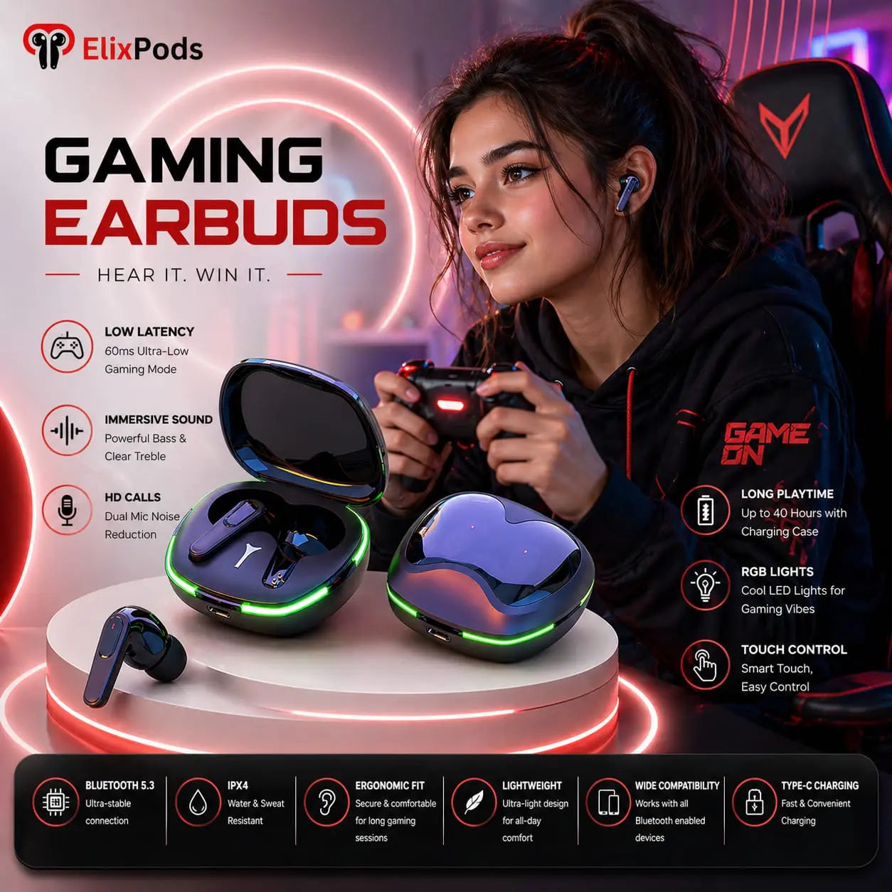 ElixPods G1 Gaming Wireless Earbuds with Ultra Low Latency, RGB Charging Case and Deep Bass Sound My Store
