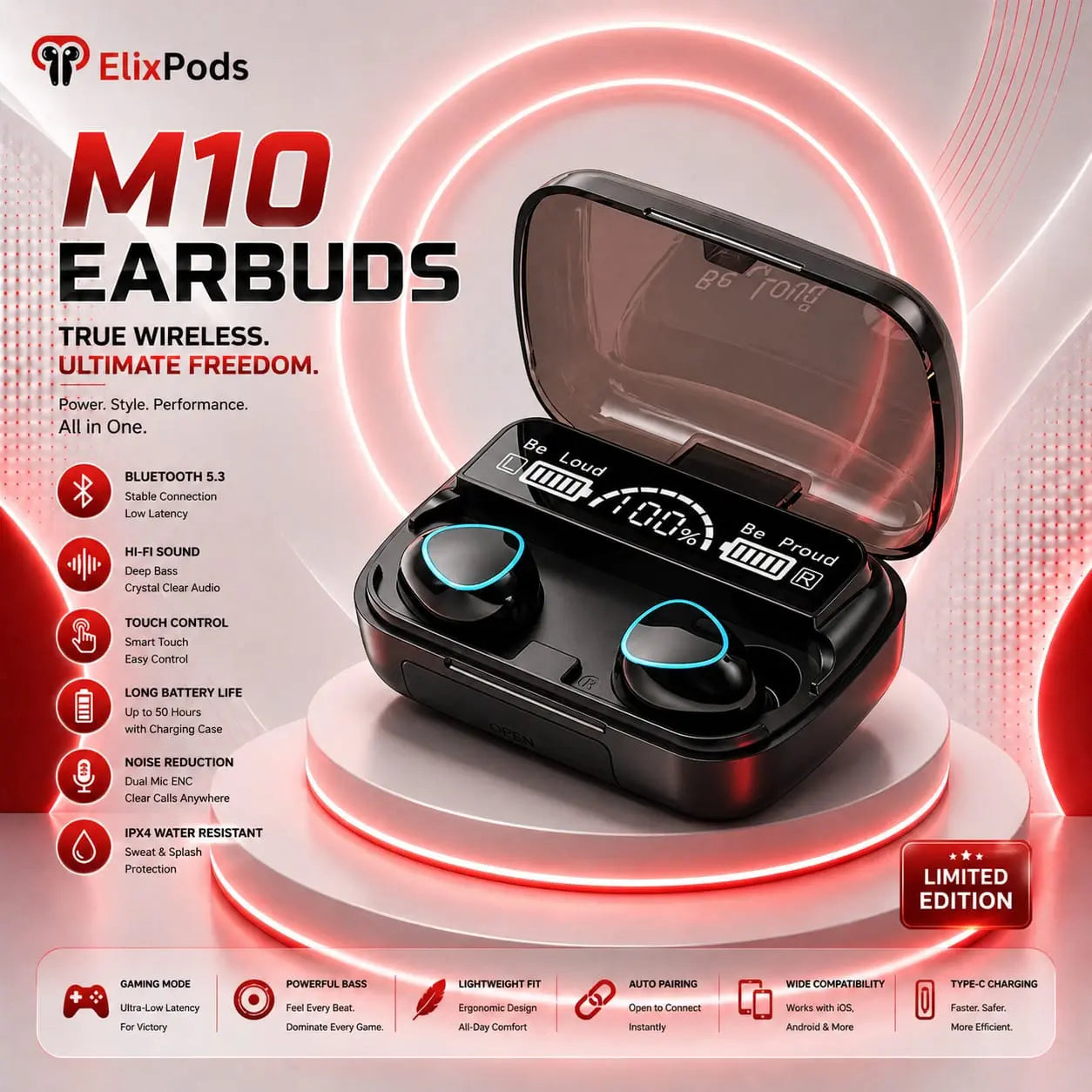 ElixPods M10 Wireless Earbuds with LED Power Display, Deep Bass Stereo Sound and Long Battery Life My Store