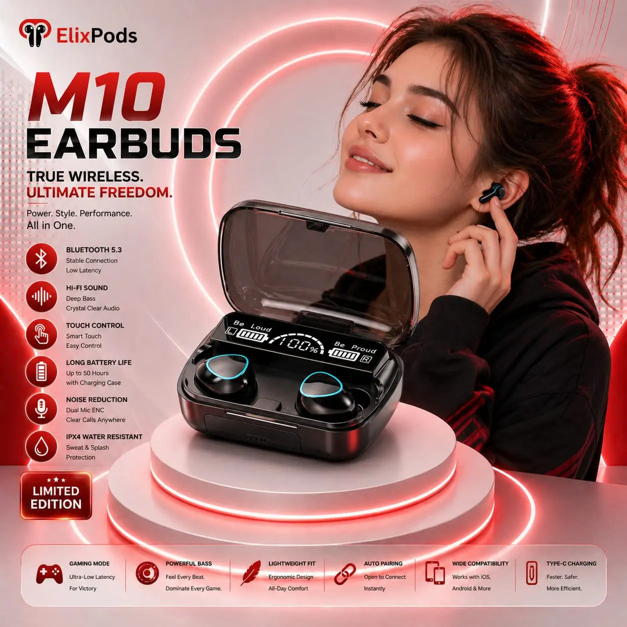 ElixPods M10 Wireless Earbuds with LED Power Display, Deep Bass Stereo Sound and Long Battery Life My Store