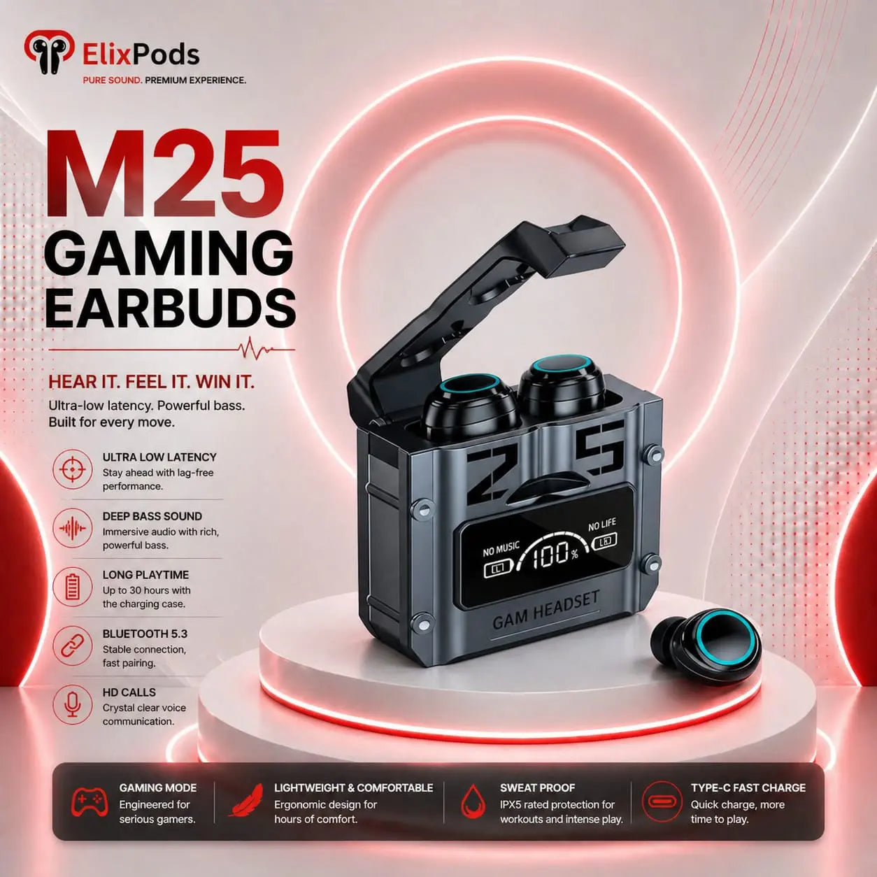 ElixPods M25 Gaming Wireless Earbuds with Ultra Low Latency, LED Power Display and Deep Bass Sound My Store