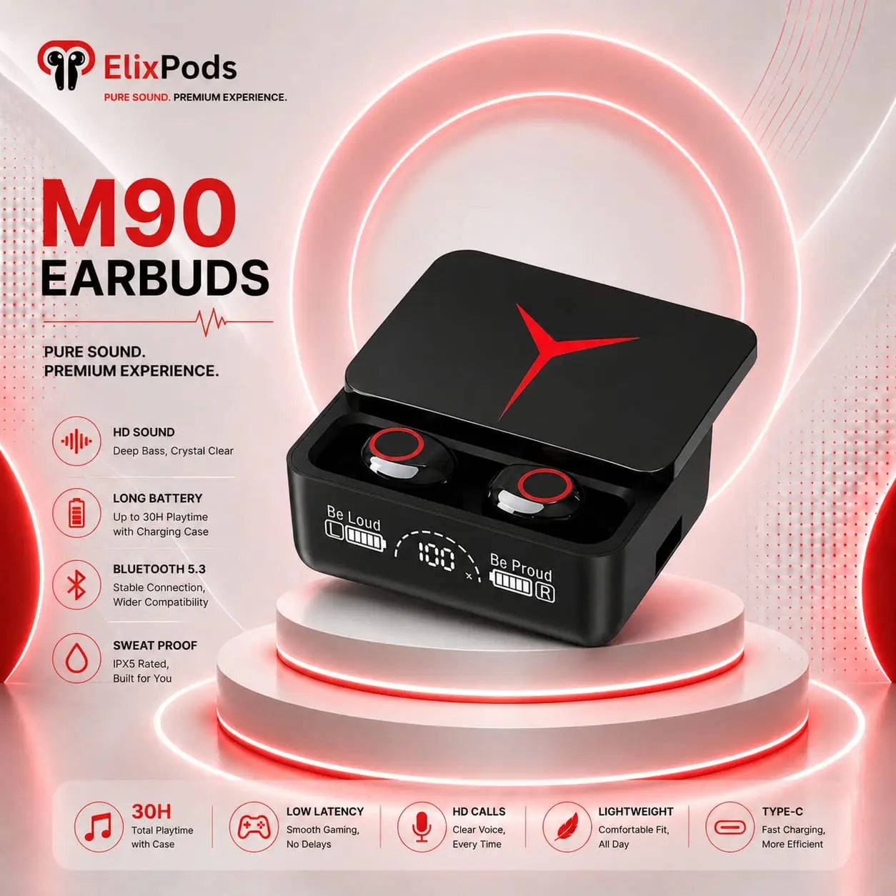 ElixPods M90 Wireless Earbuds with LED Power Display, Deep Bass Sound, Bluetooth 5.3 and Long Battery Life My Store