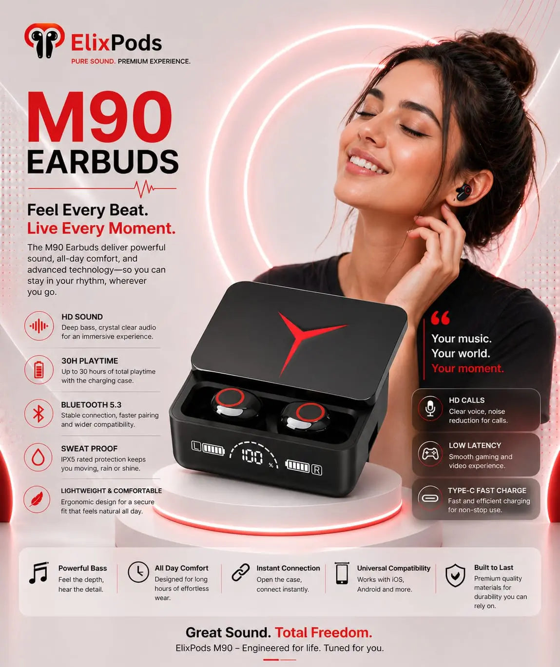 ElixPods M90 Wireless Earbuds with LED Power Display, Deep Bass Sound, Bluetooth 5.3 and Long Battery Life My Store