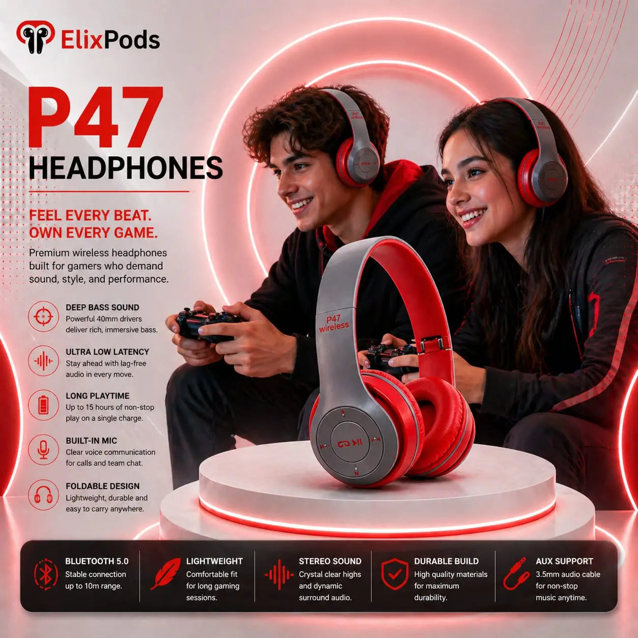 ElixPods P47 Wireless Bluetooth Headphones with Deep Bass Sound, Foldable Design and All-Day Comfort My Store
