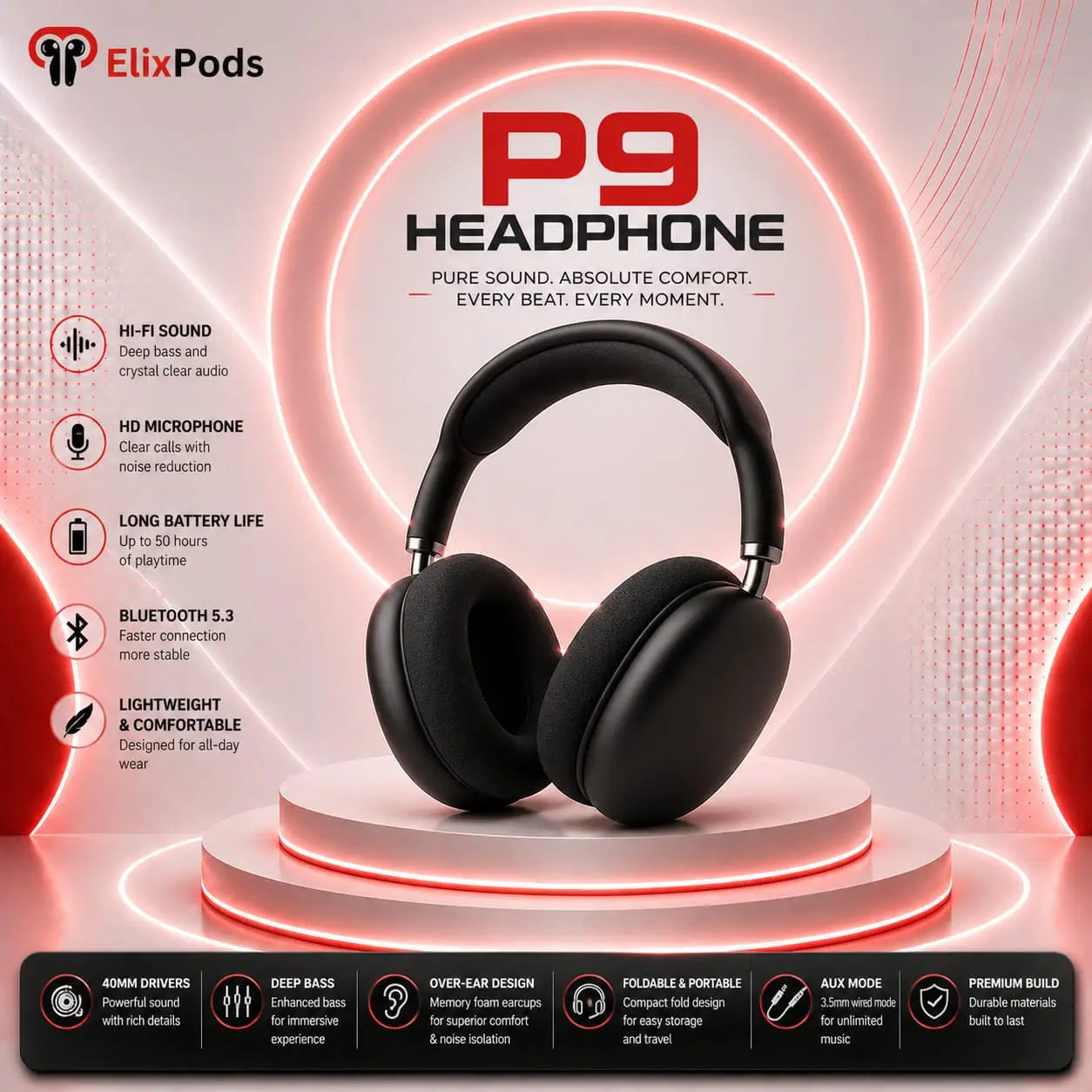ElixPods P9 Wireless Over-Ear Headphones with Deep Bass, Bluetooth 5.3, Noise Isolation and 50 Hour Battery Life My Store