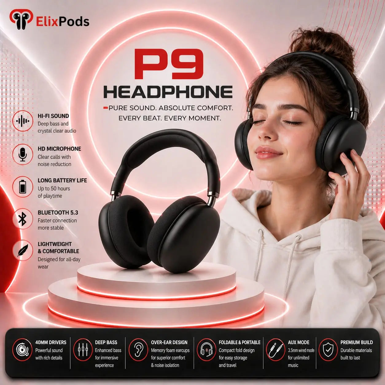 ElixPods P9 Wireless Over-Ear Headphones with Deep Bass, Bluetooth 5.3, Noise Isolation and 50 Hour Battery Life My Store